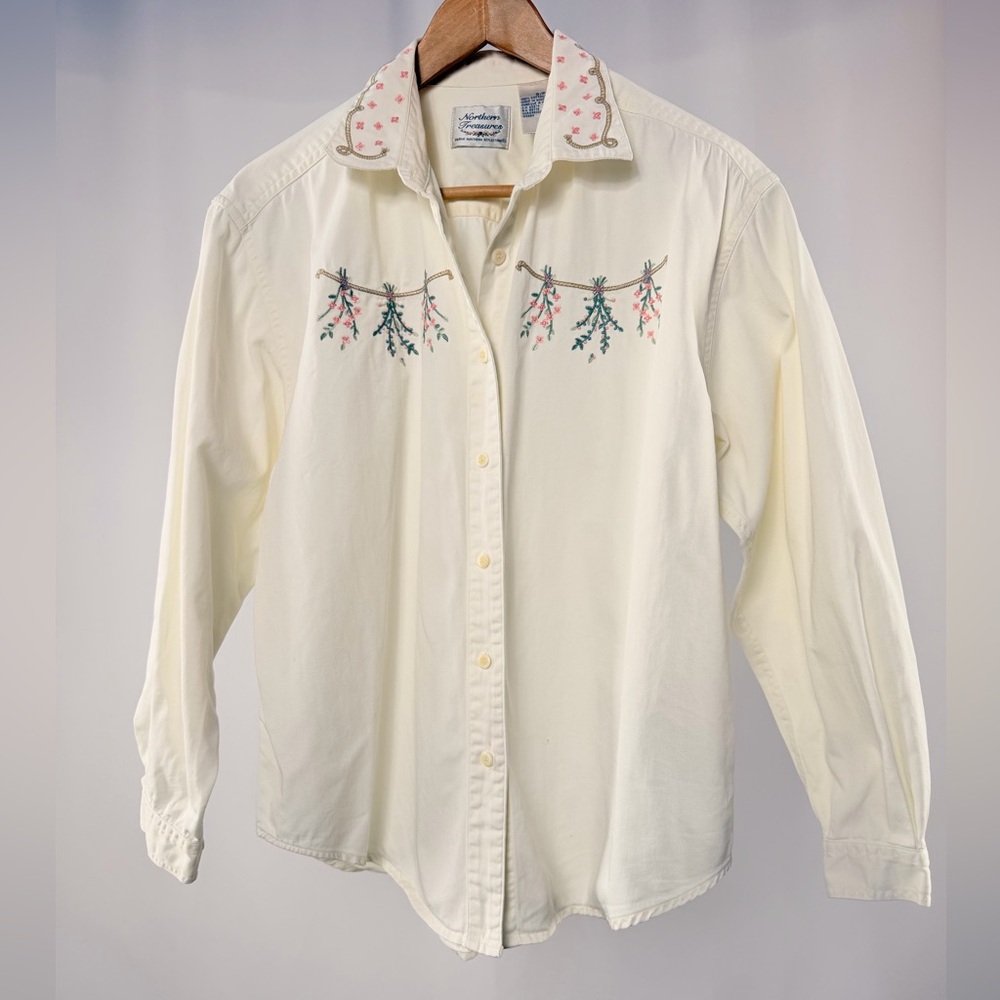 Vintage Northern Reflections‎ 100% Cotton Floral Button Shirt in Cream Small